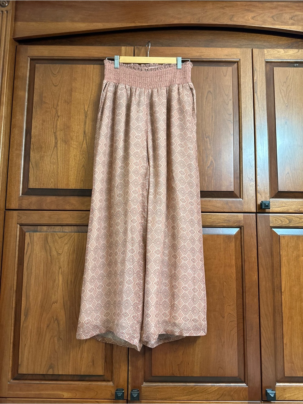 Sundance smocked  Waist Wide Leg lined silky Pants - Dusty Rose Geo Print